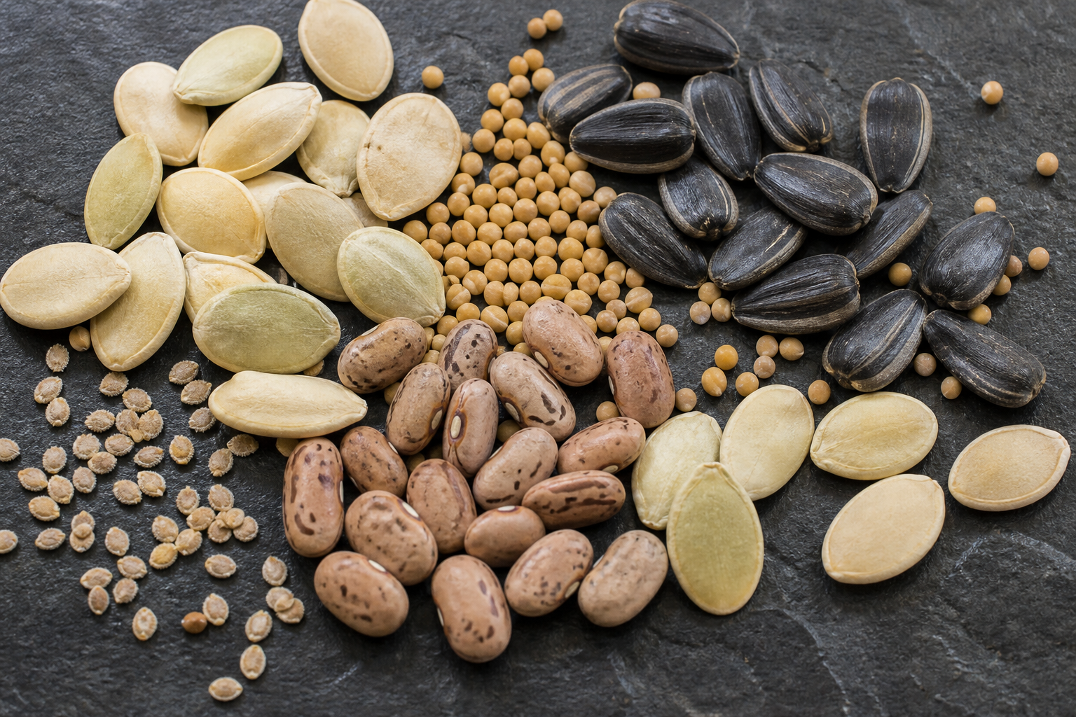 Assorted HSN 1209 sowing seeds on dark stone