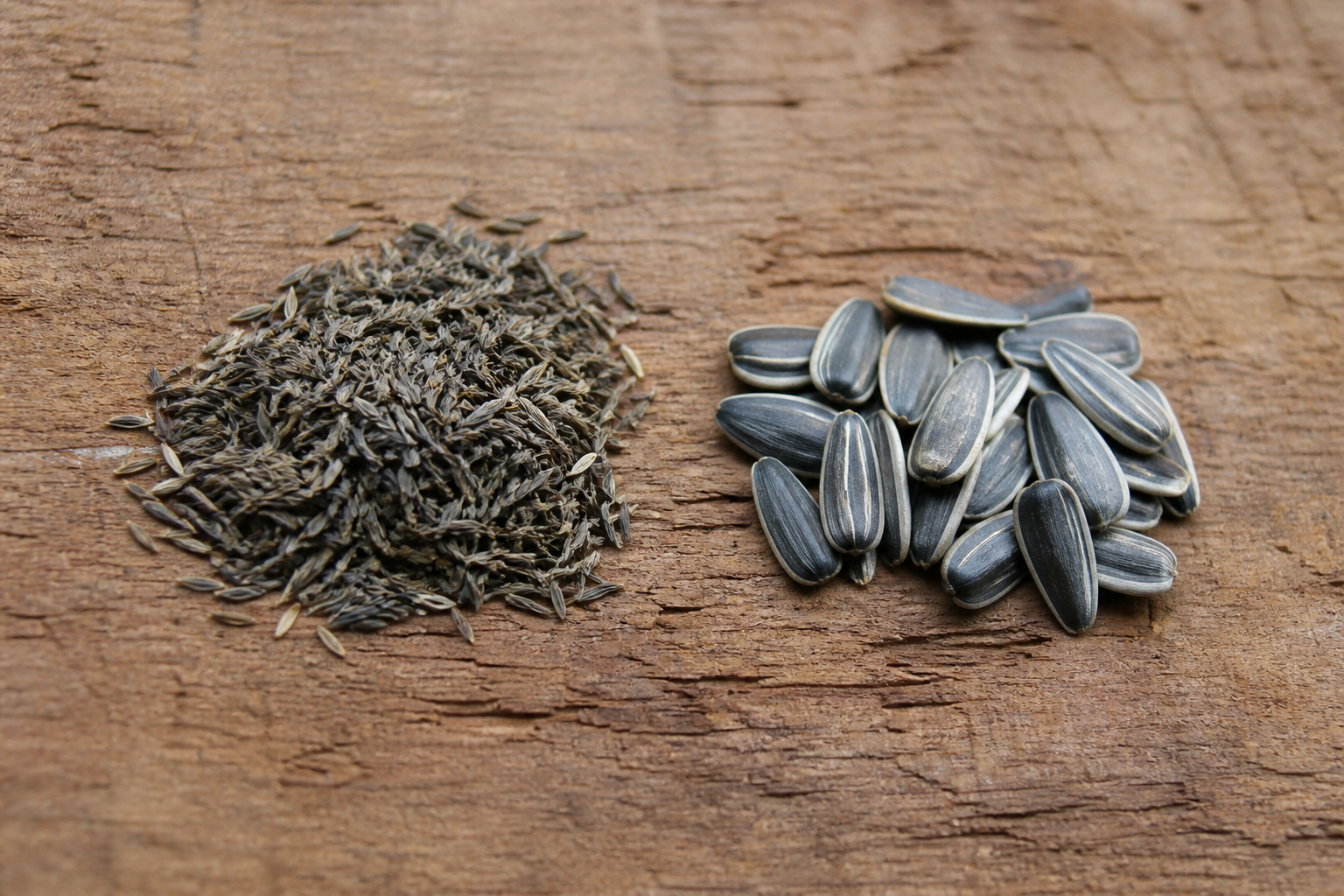 Marigold and sunflower sowing seeds on wood